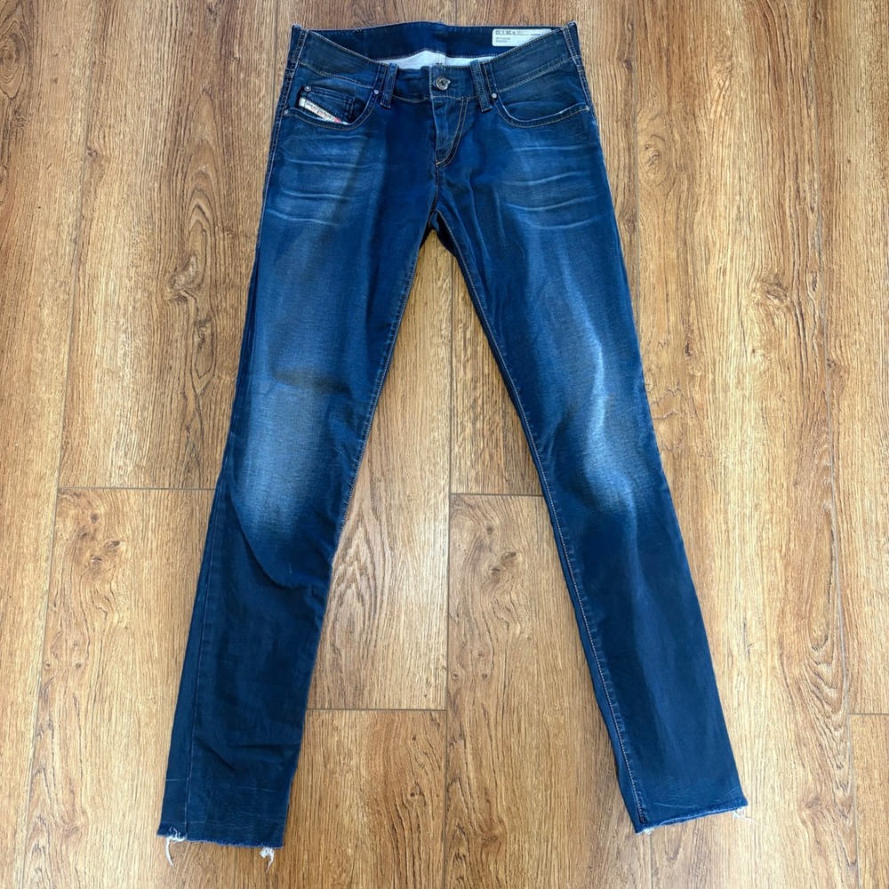 Diesel Grupee Super Slim Low Waist Jeans Womens 28 Faded Blue Whiskers Concert